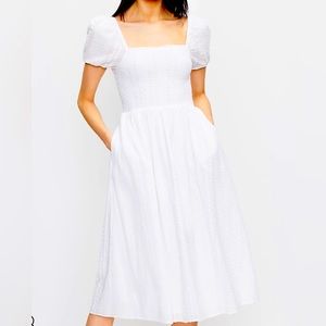 Loft Striped Smocked Puff Sleeve Midi Dress size Small NWT